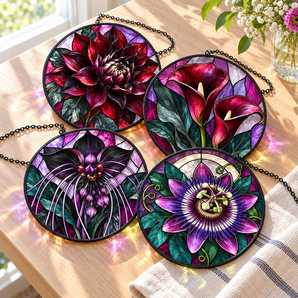 Stained Glass Suncatcher Set of 4 - Gothic Garden Blooms