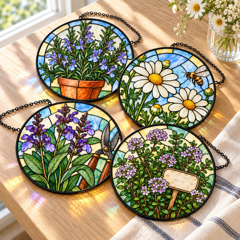 Stained Glass Suncatcher Set of 4 - Herb Blossom Garden