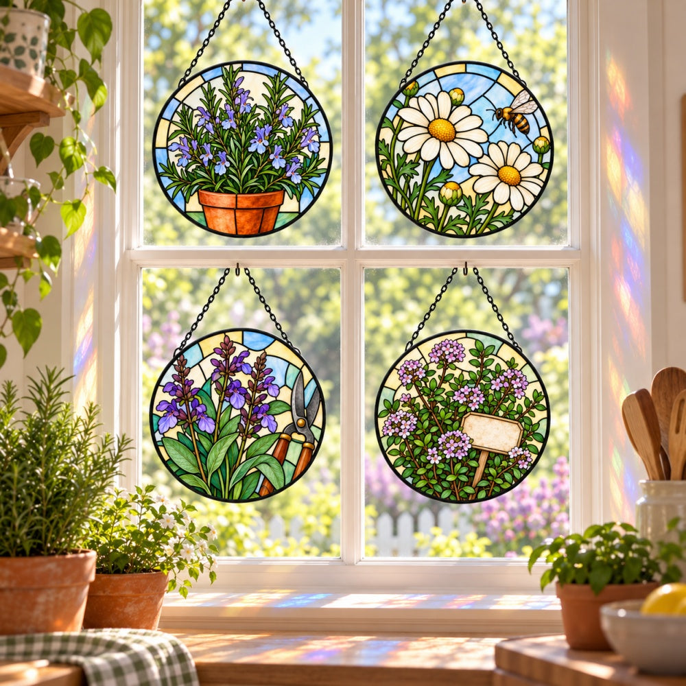 Stained Glass Suncatcher Set of 4 - Herb Blossom Garden