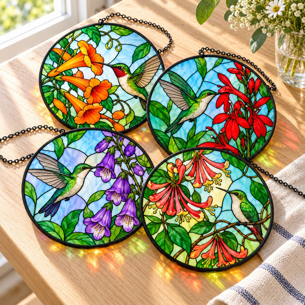 Stained Glass Suncatcher Set of 4 - Hummingbird Flower Garden