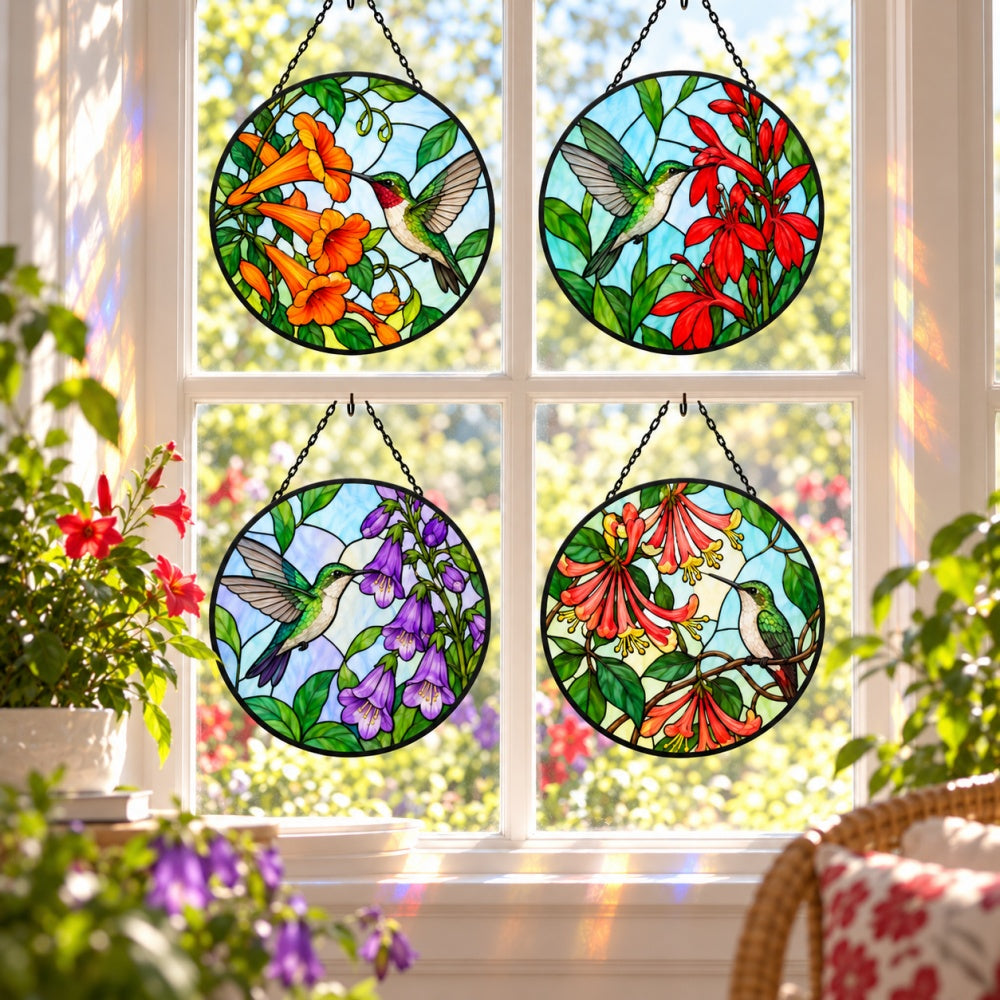 Stained Glass Suncatcher Set of 4 - Hummingbird Flower Garden