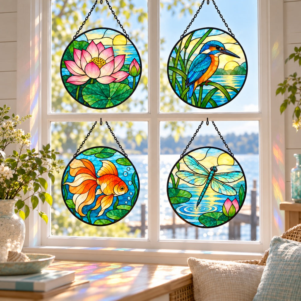Stained Glass Suncatcher Set of 4 - Lotus Pond Morning
