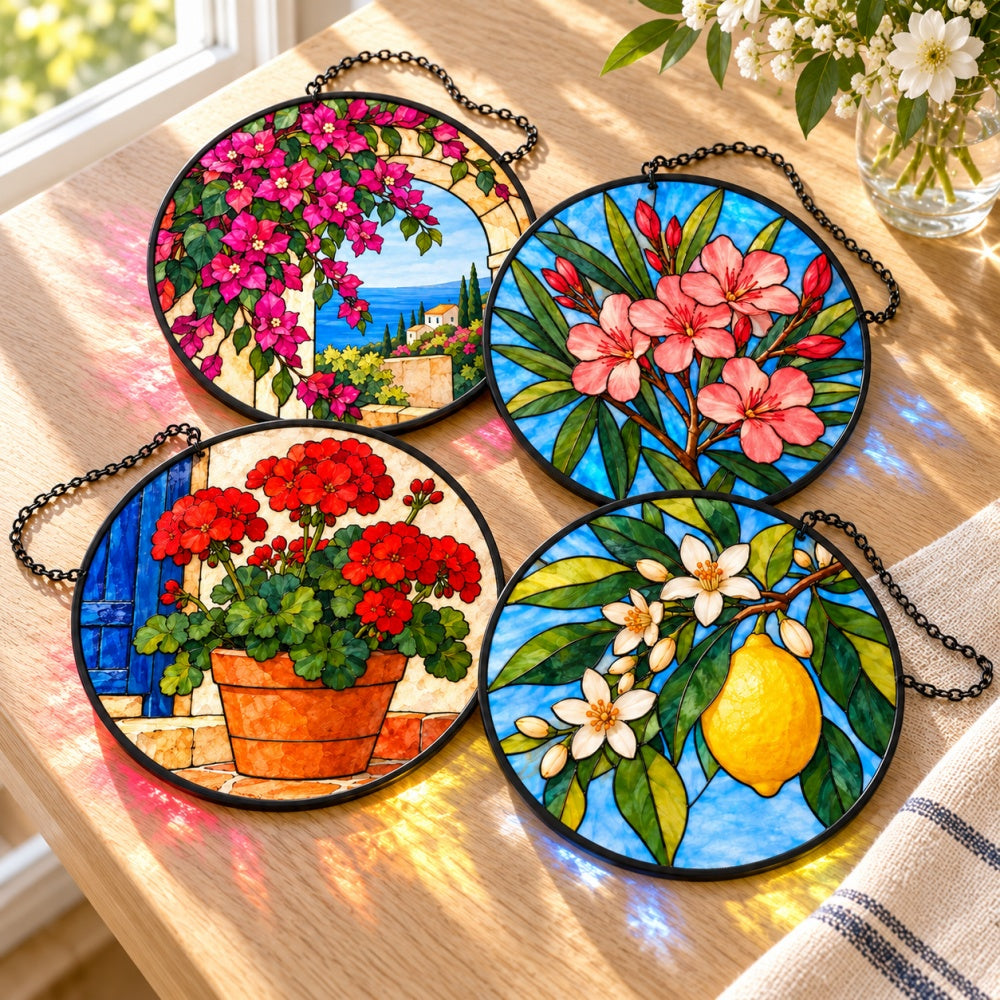 Stained Glass Suncatcher Set of 4 - Mediterranean Garden Blooms