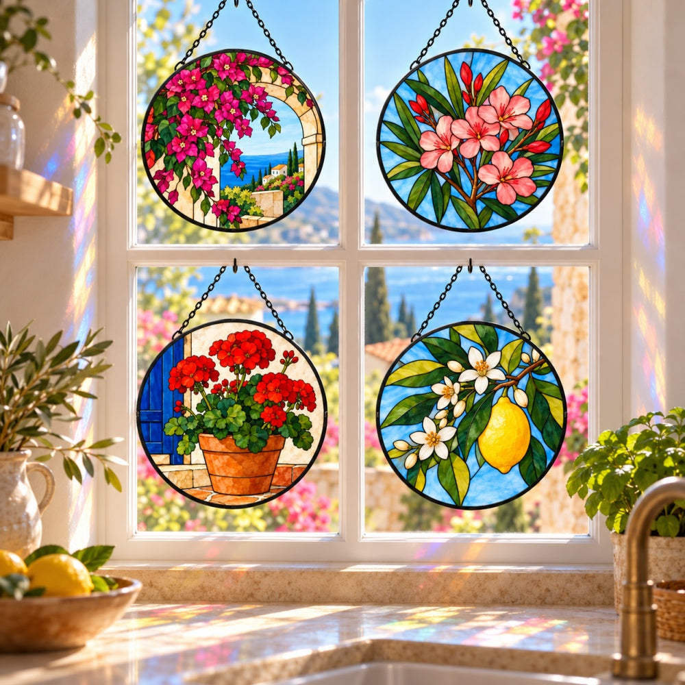 Stained Glass Suncatcher Set of 4 - Mediterranean Garden Blooms