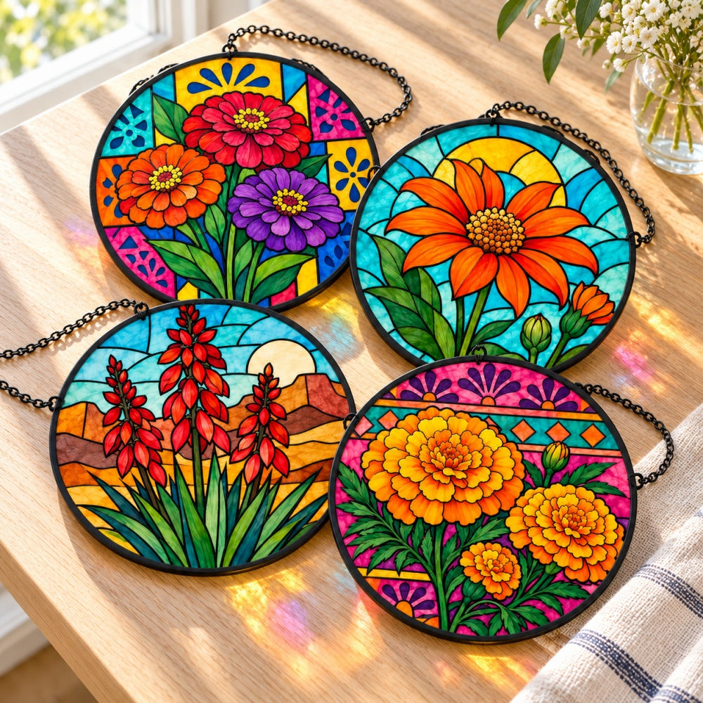 Stained Glass Suncatcher Set of 4 - Mexican Fiesta Flowers