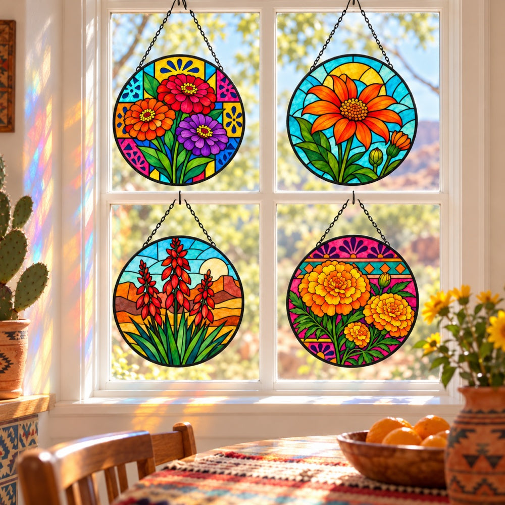 Stained Glass Suncatcher Set of 4 - Mexican Fiesta Flowers