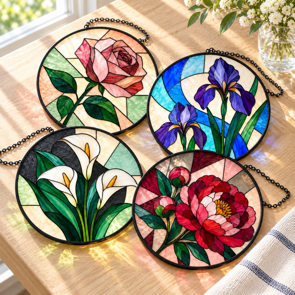 Stained Glass Suncatcher Set of 4 - Modern Geometric Florals