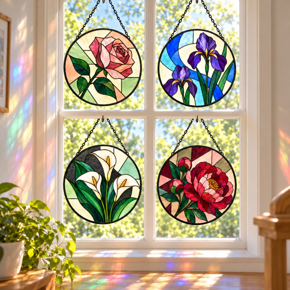 Stained Glass Suncatcher Set of 4 - Modern Geometric Florals