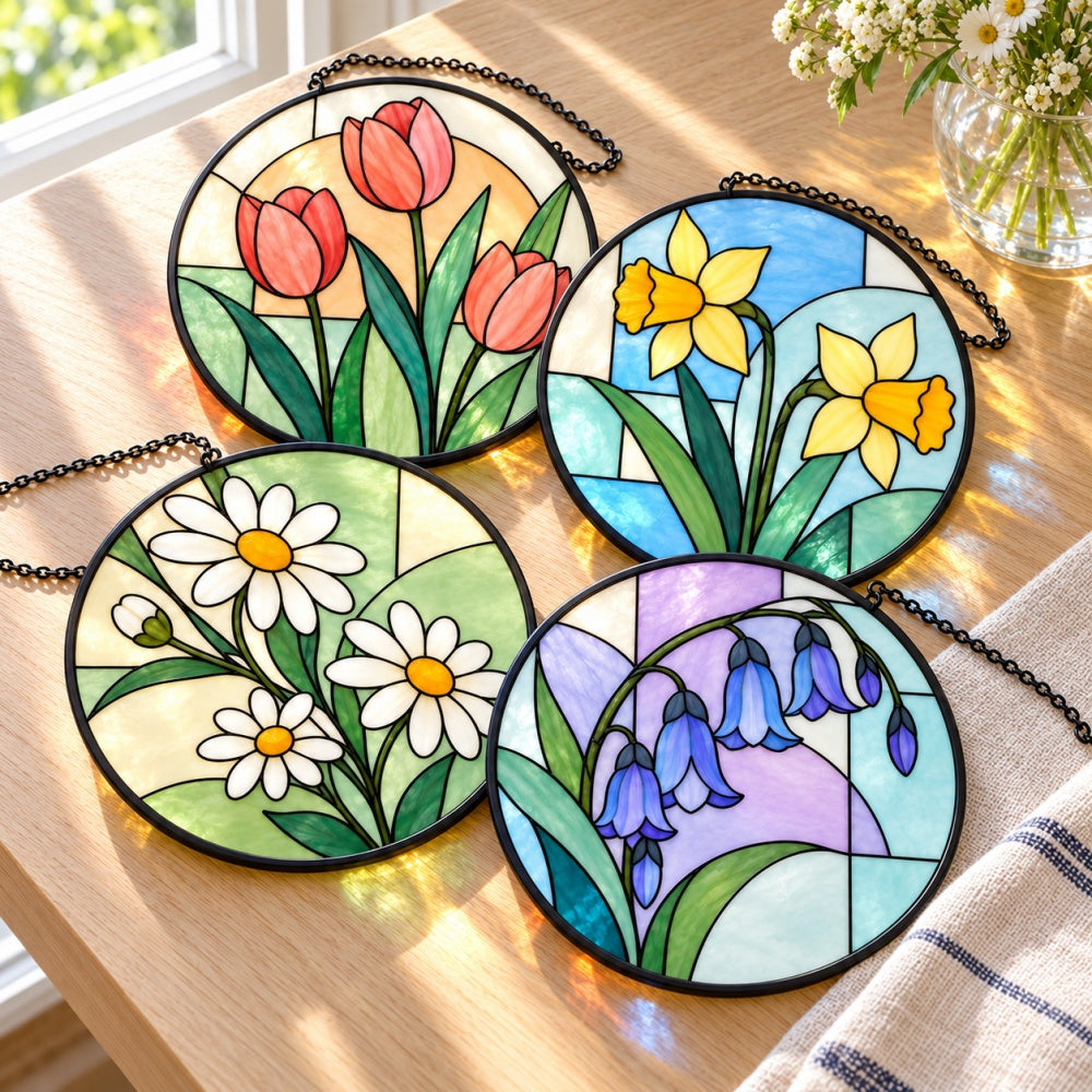 Stained Glass Suncatcher Set of 4 - Modern Spring Blooms