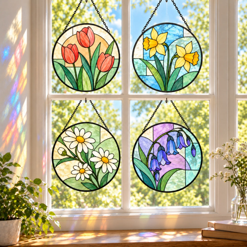 Stained Glass Suncatcher Set of 4 - Modern Spring Blooms