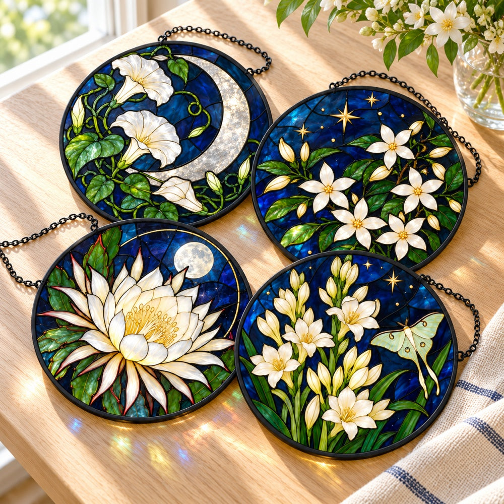 Stained Glass Suncatcher Set of 4 - Moonlit Night Flowers