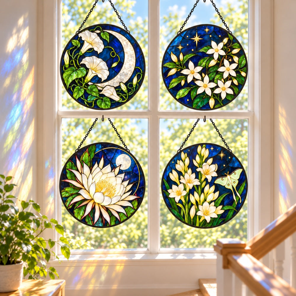 Stained Glass Suncatcher Set of 4 - Moonlit Night Flowers
