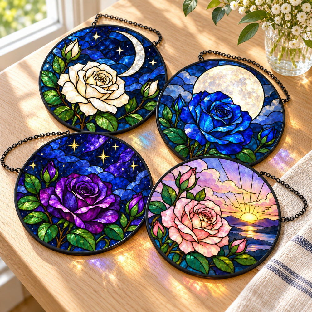 Stained Glass Suncatcher Set of 4 - Moonlit Rose Garden
