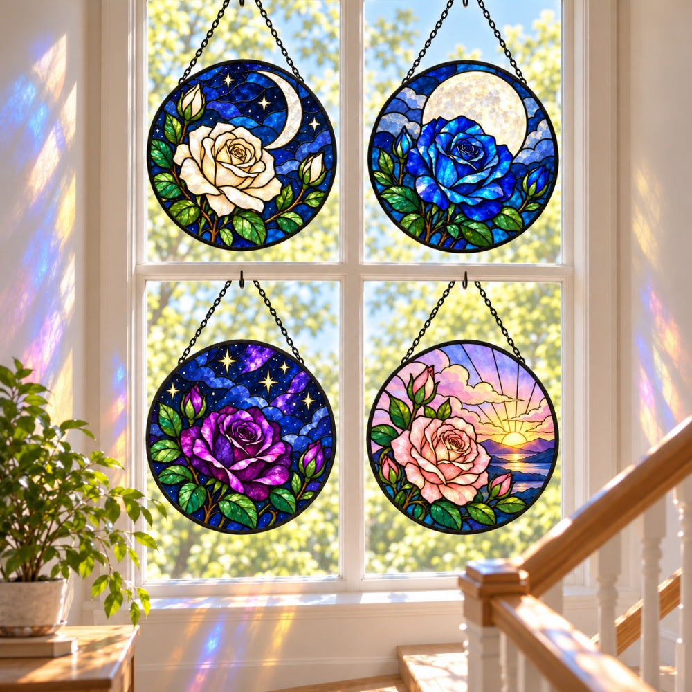 Stained Glass Suncatcher Set of 4 - Moonlit Rose Garden