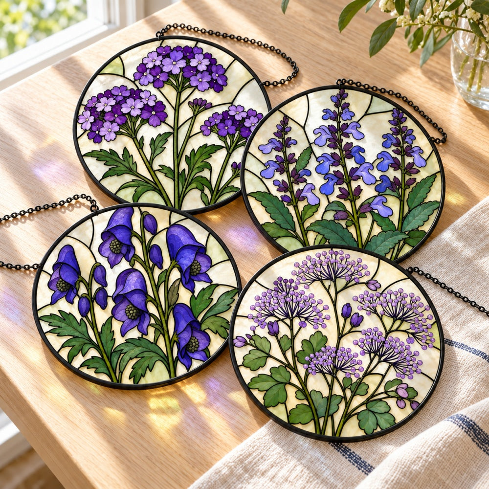 Stained Glass Suncatcher Set of 4 - Purple Meadow Blooms