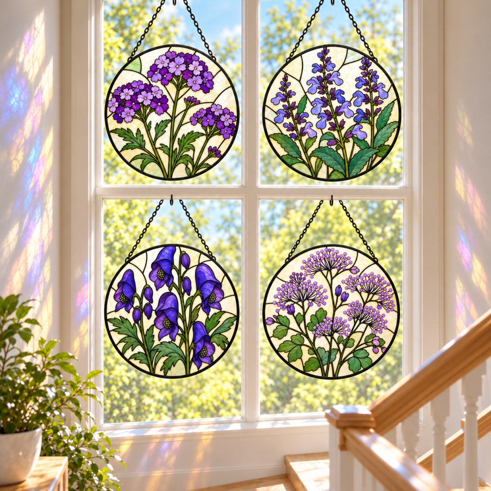 Stained Glass Suncatcher Set of 4 - Purple Meadow Blooms