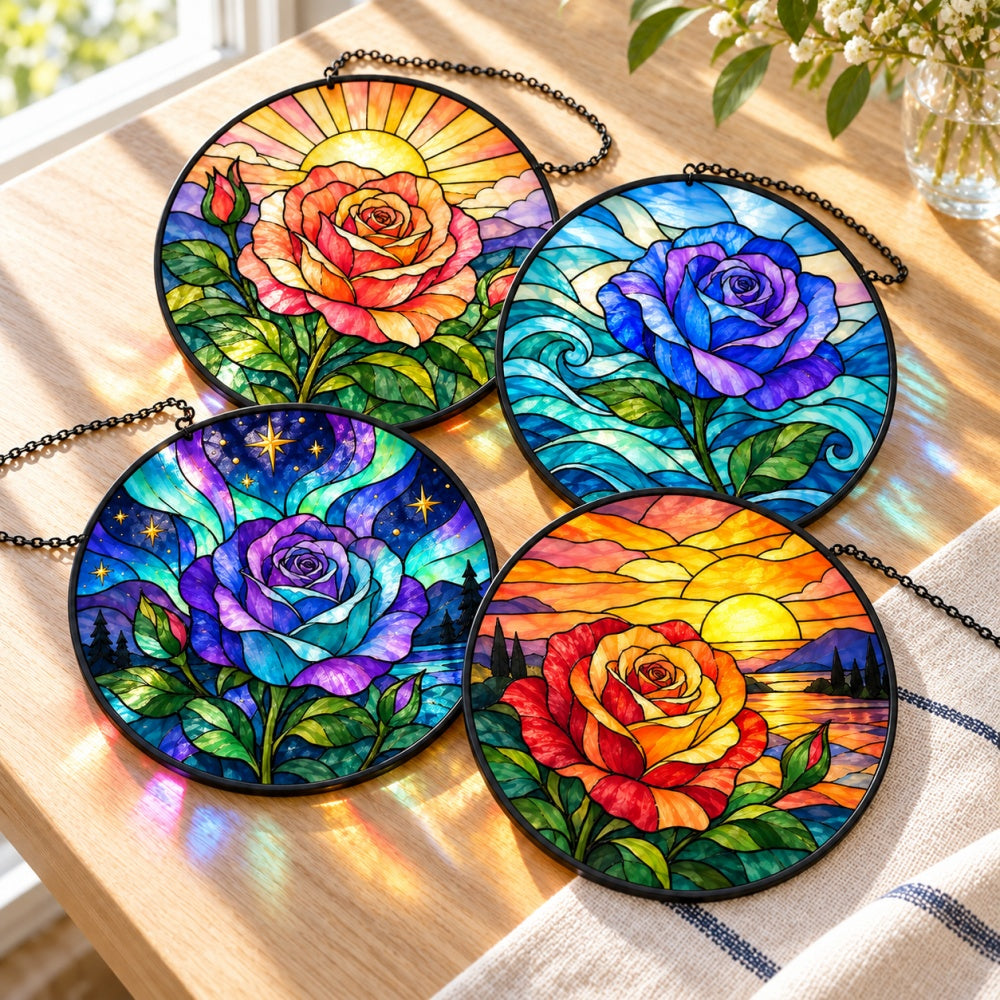 Stained Glass Suncatcher Set of 4 - Rainbow Rose Dreams