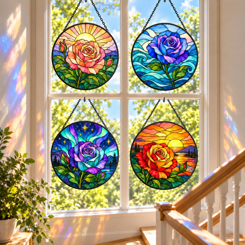 Stained Glass Suncatcher Set of 4 - Rainbow Rose Dreams