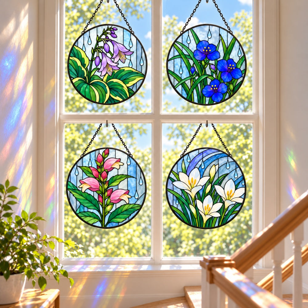 Stained Glass Suncatcher Set of 4 - Rainy Day Blooms