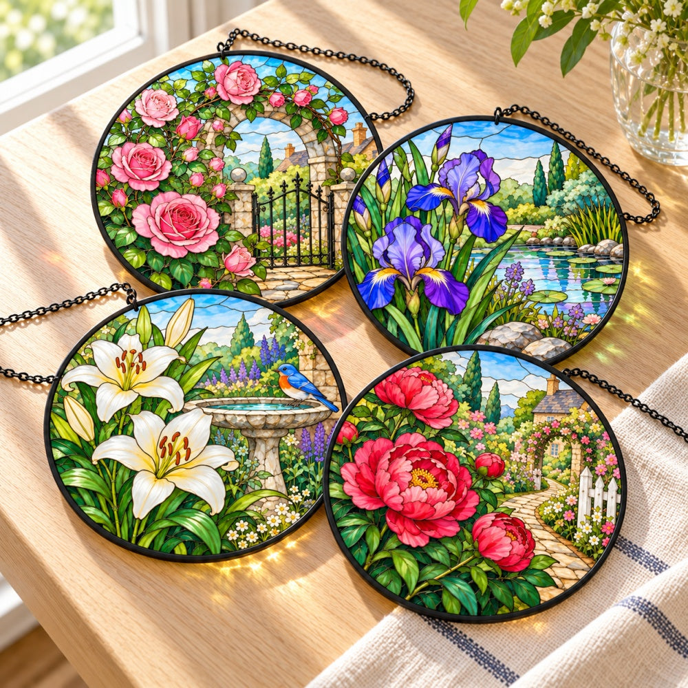 Stained Glass Suncatcher Set of 4 - Romantic Florals Garden