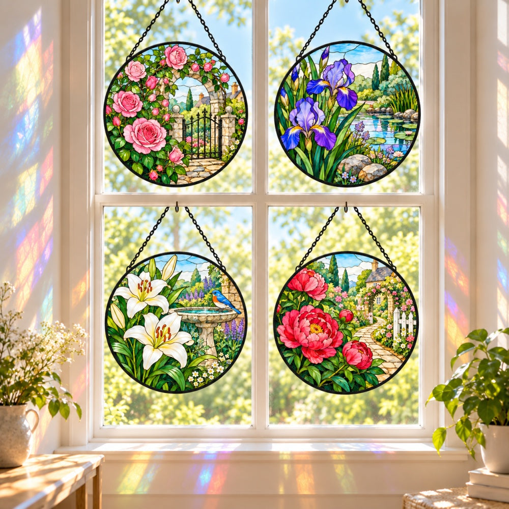 Stained Glass Suncatcher Set of 4 - Romantic Florals Garden