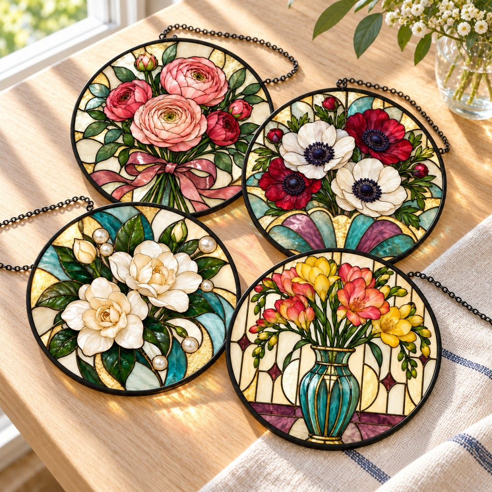 Stained Glass Suncatcher Set of 4 - Romantic Vintage Florals
