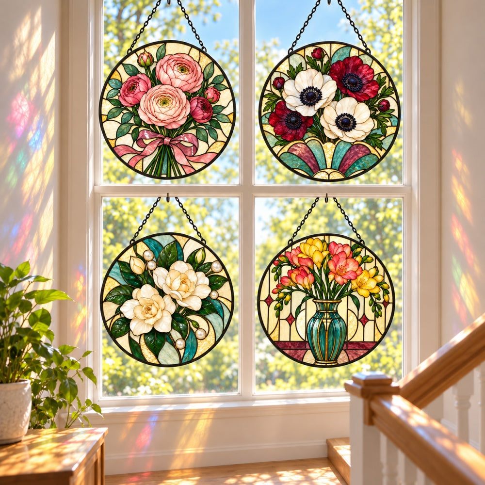 Stained Glass Suncatcher Set of 4 - Romantic Vintage Florals