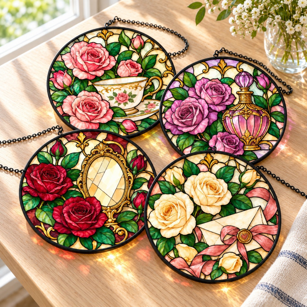 Stained Glass Suncatcher Set of 4 - Romantic Vintage Roses