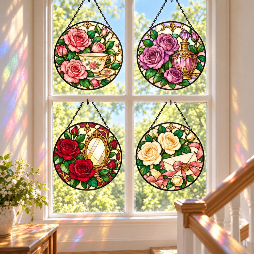 Stained Glass Suncatcher Set of 4 - Romantic Vintage Roses
