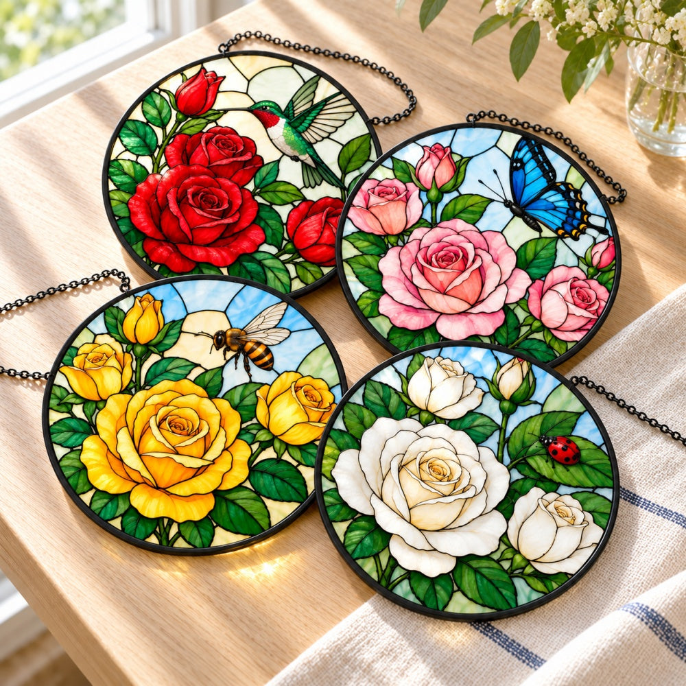 Stained Glass Suncatcher Set of 4 - Roses and Garden Visitors