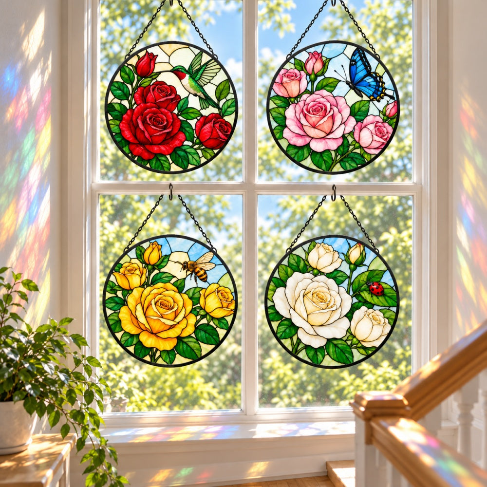 Stained Glass Suncatcher Set of 4 - Roses and Garden Visitors