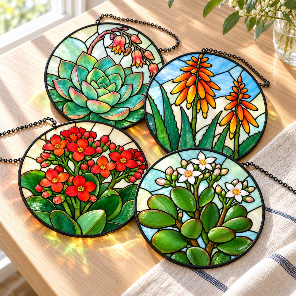 Stained Glass Suncatcher Set of 4 - Succulent Blossom Garden