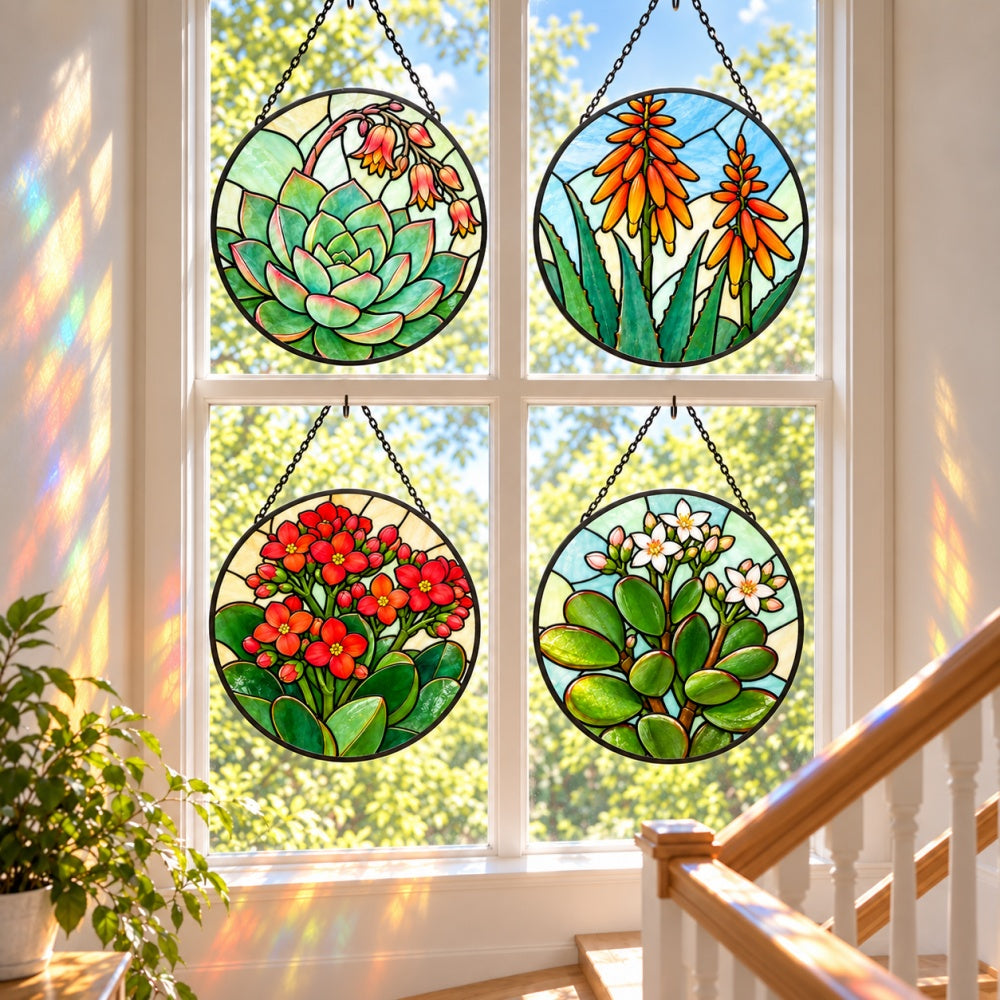 Stained Glass Suncatcher Set of 4 - Succulent Blossom Garden