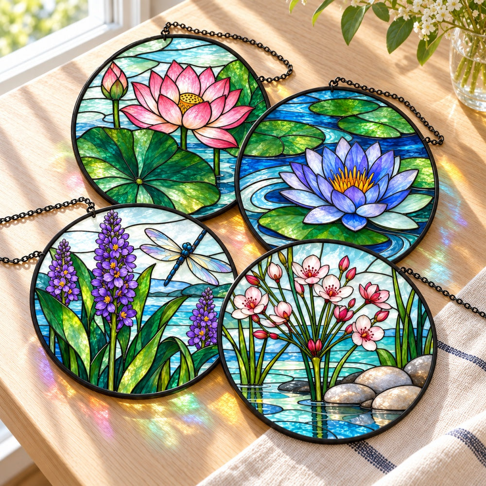 Stained Glass Suncatcher Set of 4 - Tranquil Water Garden