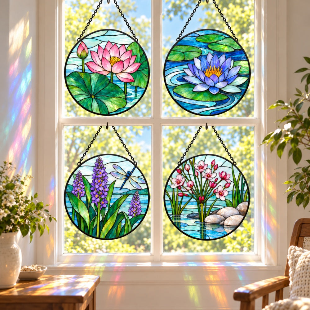 Stained Glass Suncatcher Set of 4 - Tranquil Water Garden