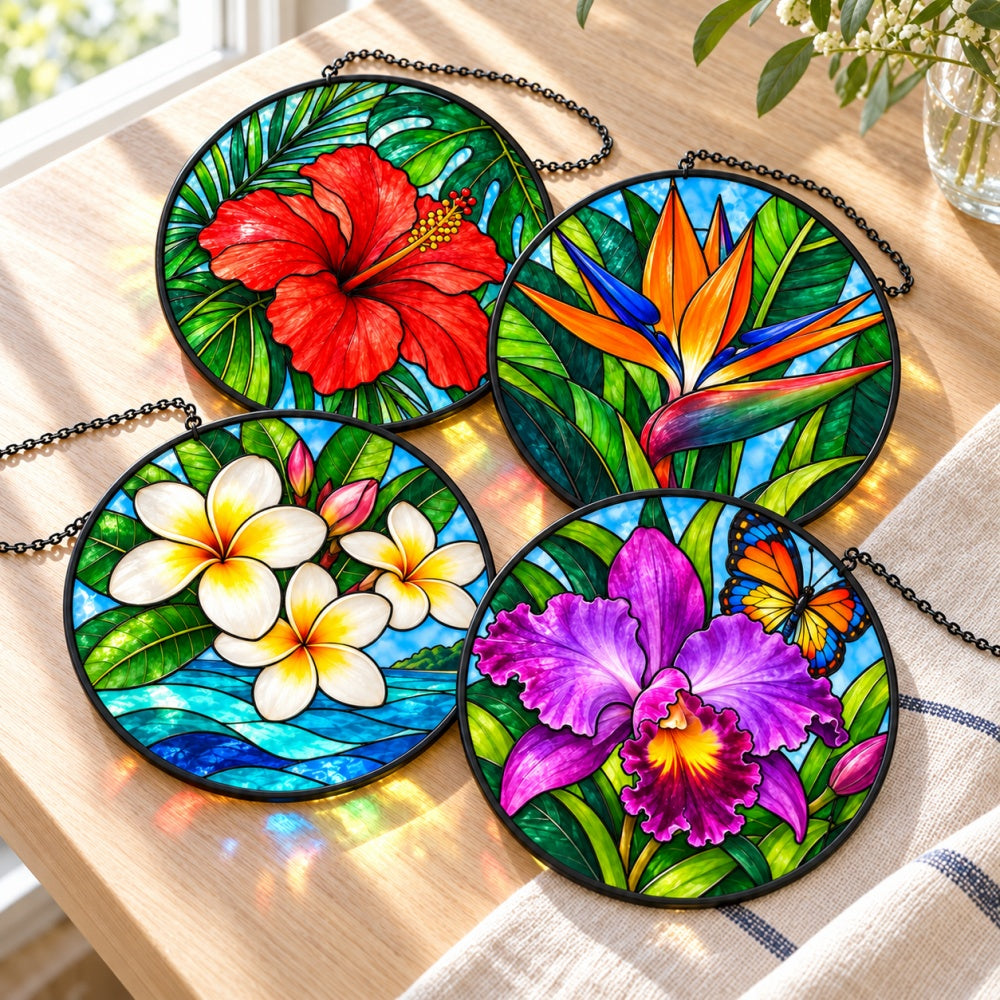 Stained Glass Suncatcher Set of 4 - Tropical Paradise Flowers