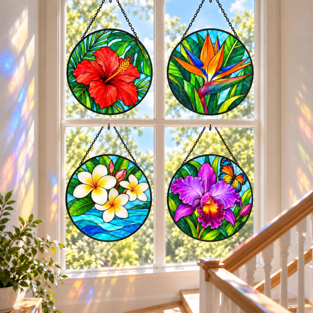 Stained Glass Suncatcher Set of 4 - Tropical Paradise Flowers
