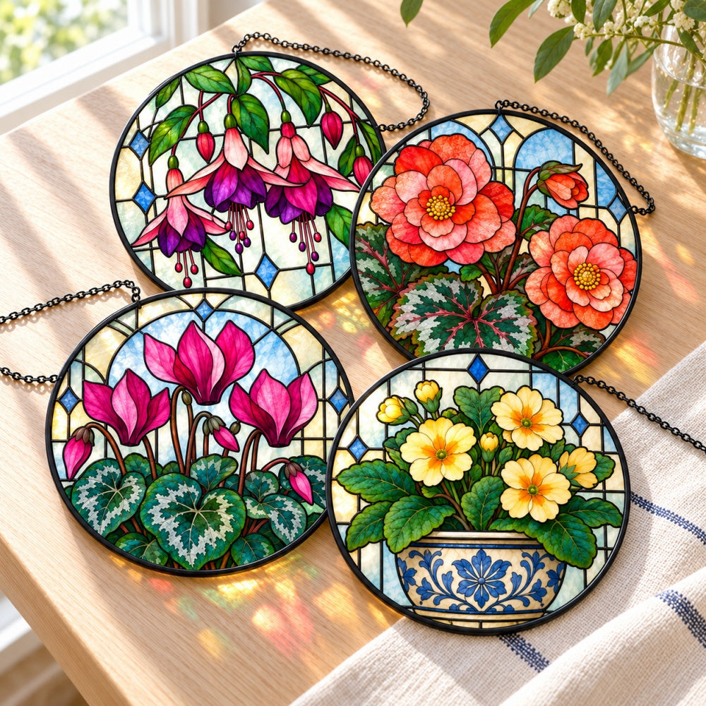 Stained Glass Suncatcher Set of 4 - Victorian Greenhouse Flowers