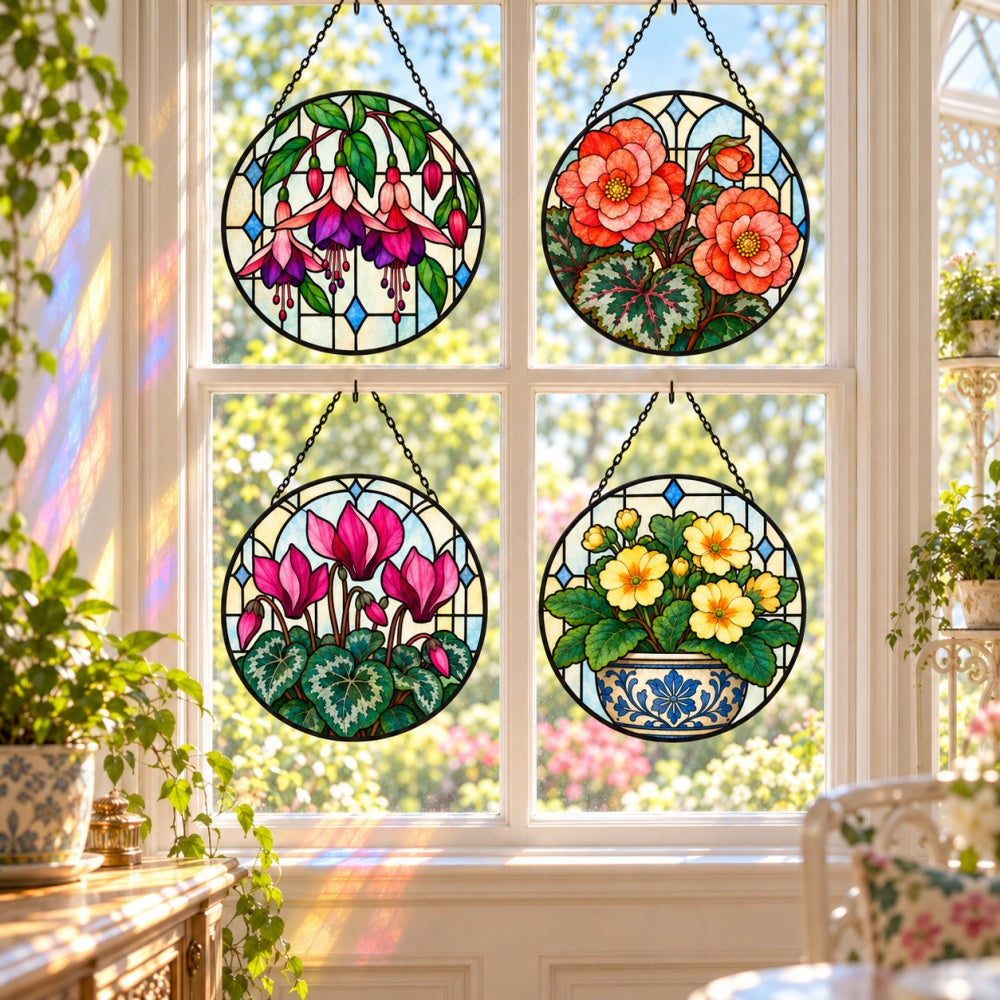 Stained Glass Suncatcher Set of 4 - Victorian Greenhouse Flowers