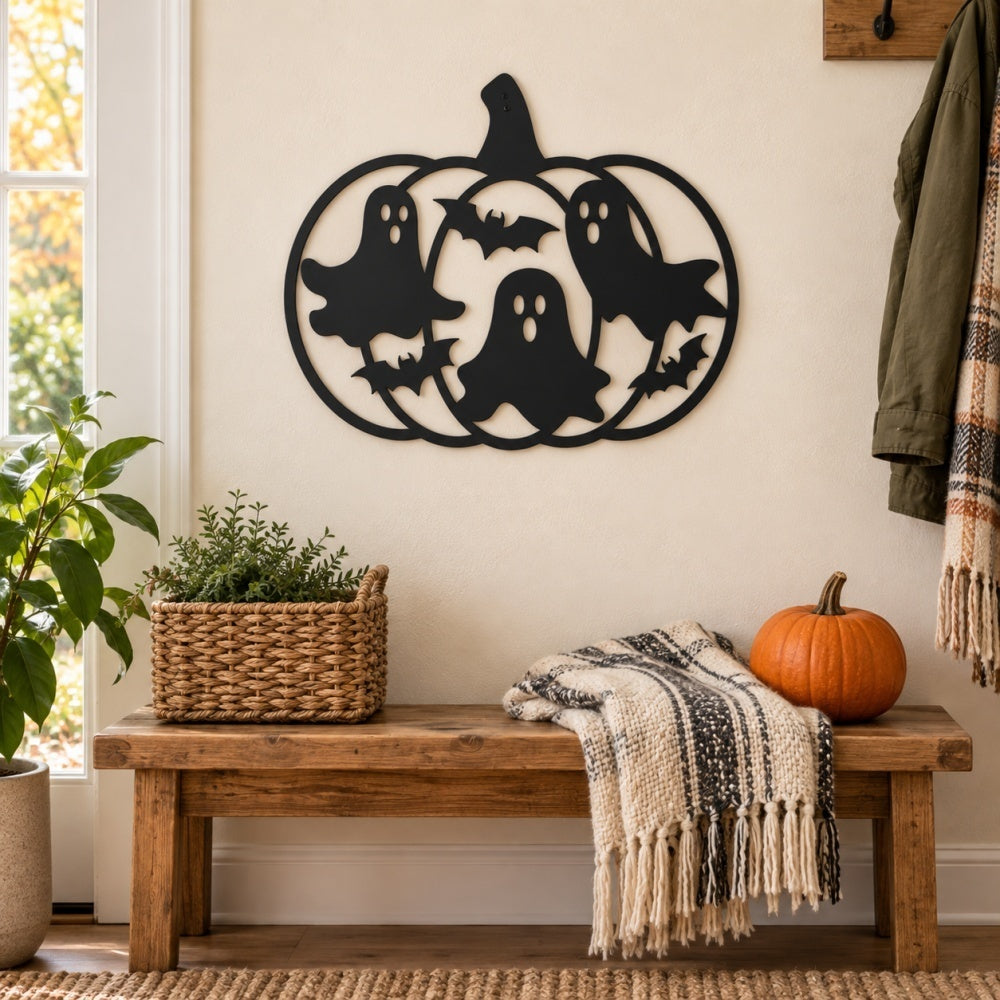 Metal Wall Art - Halloween Pumpkin with Ghosts