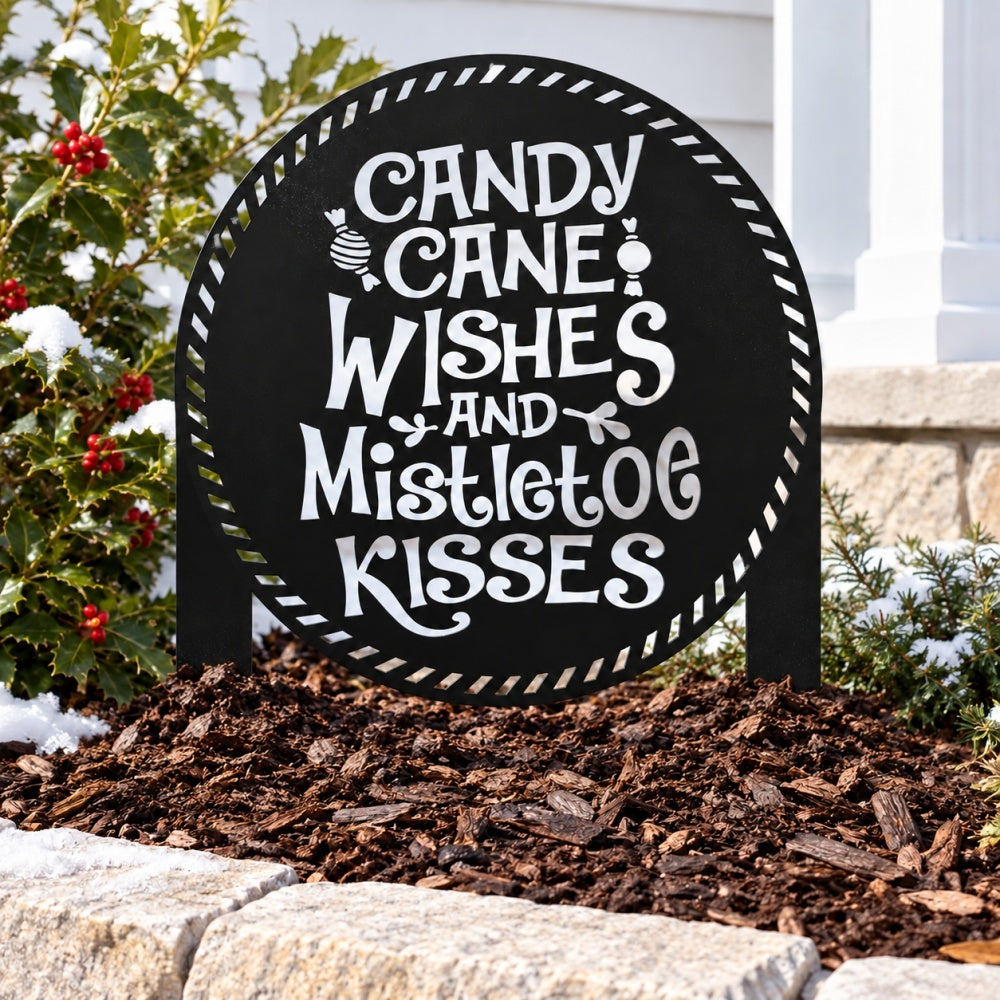 Metal Garden Stake – Candy Cane Wishes and Mistletoe Kisses