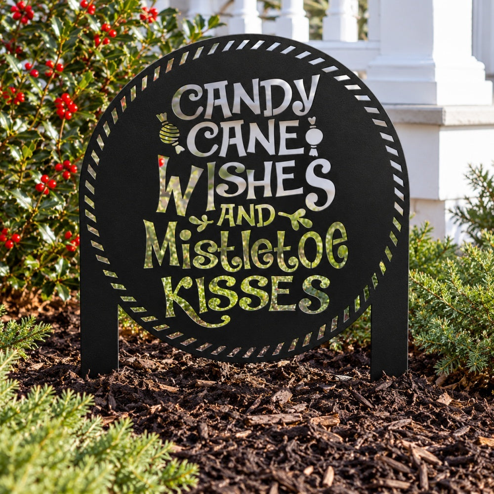 Metal Garden Stake – Candy Cane Wishes and Mistletoe Kisses