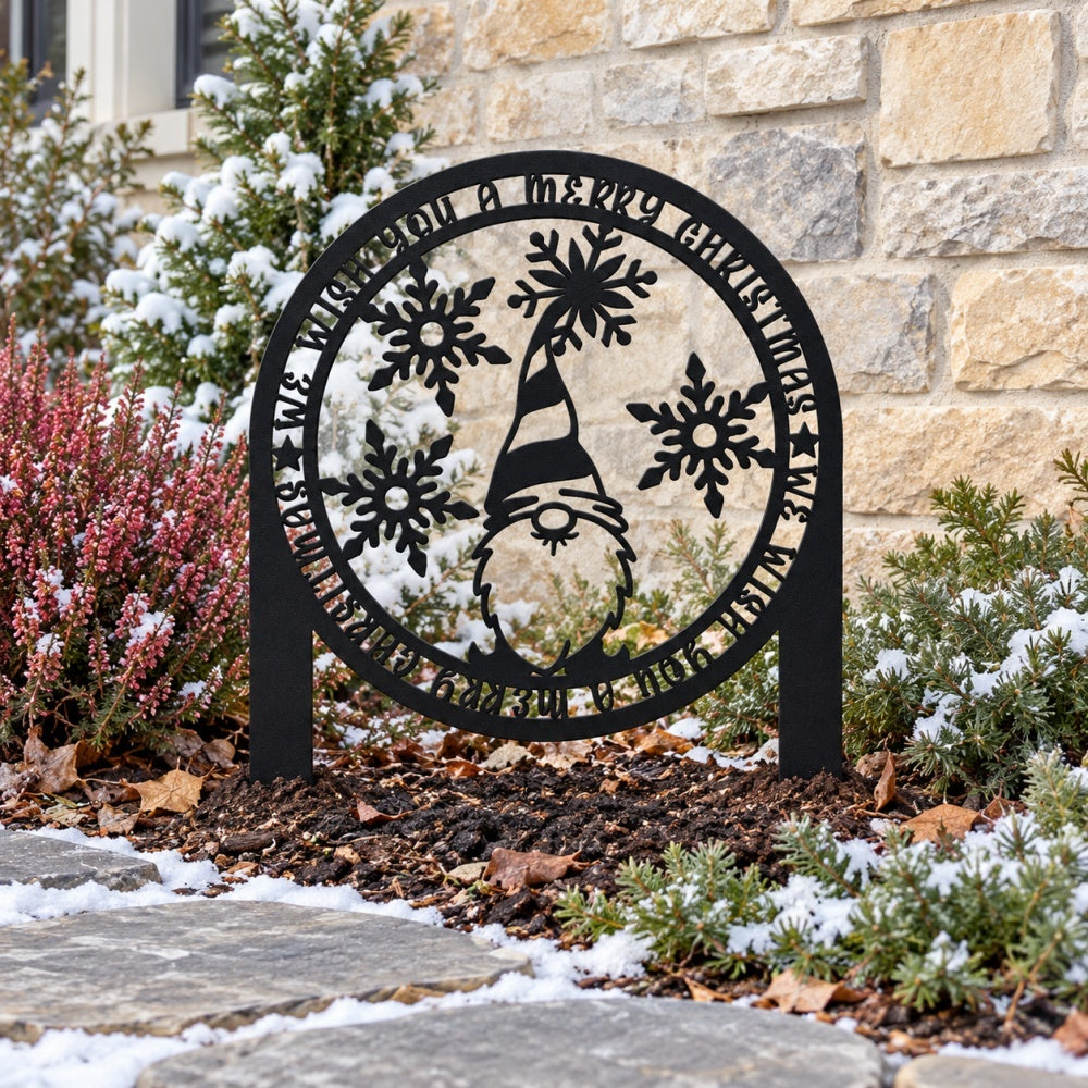 Metal Garden Stake – Christmas Gnome with Snowflakes