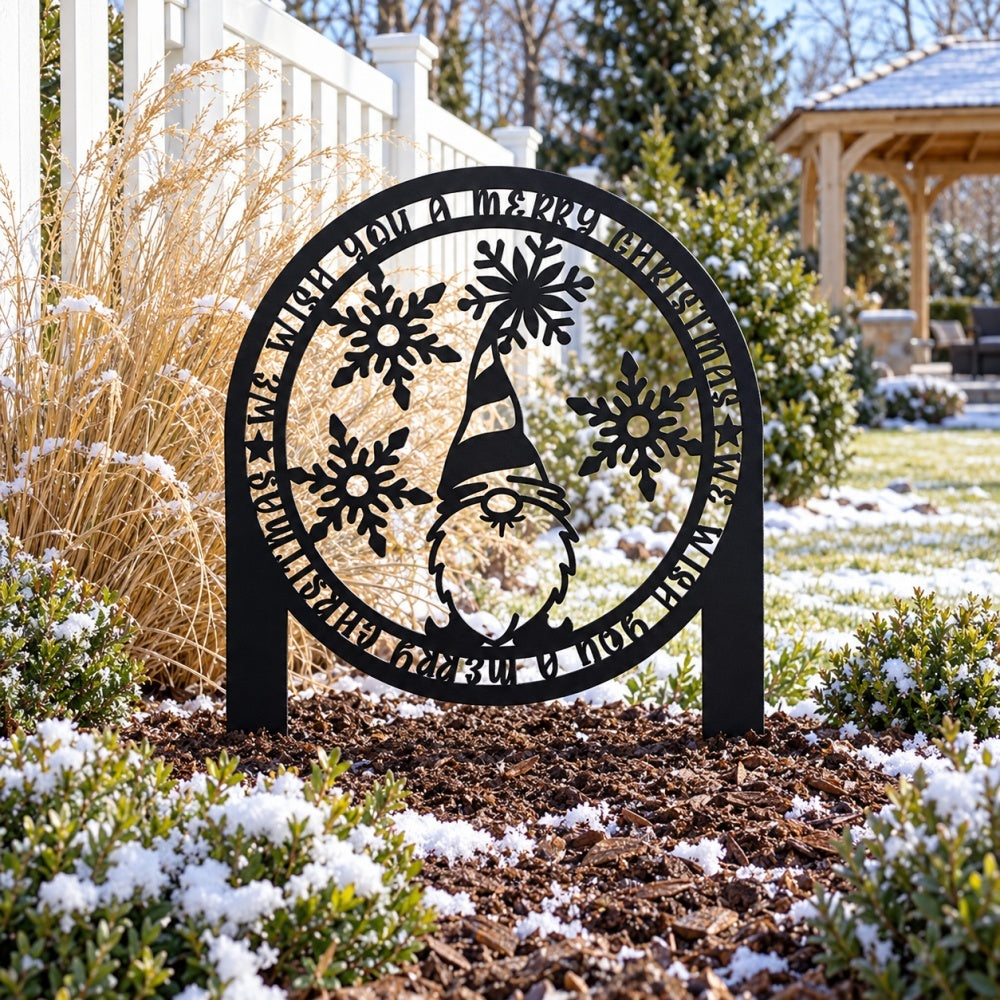 Metal Garden Stake – Christmas Gnome with Snowflakes