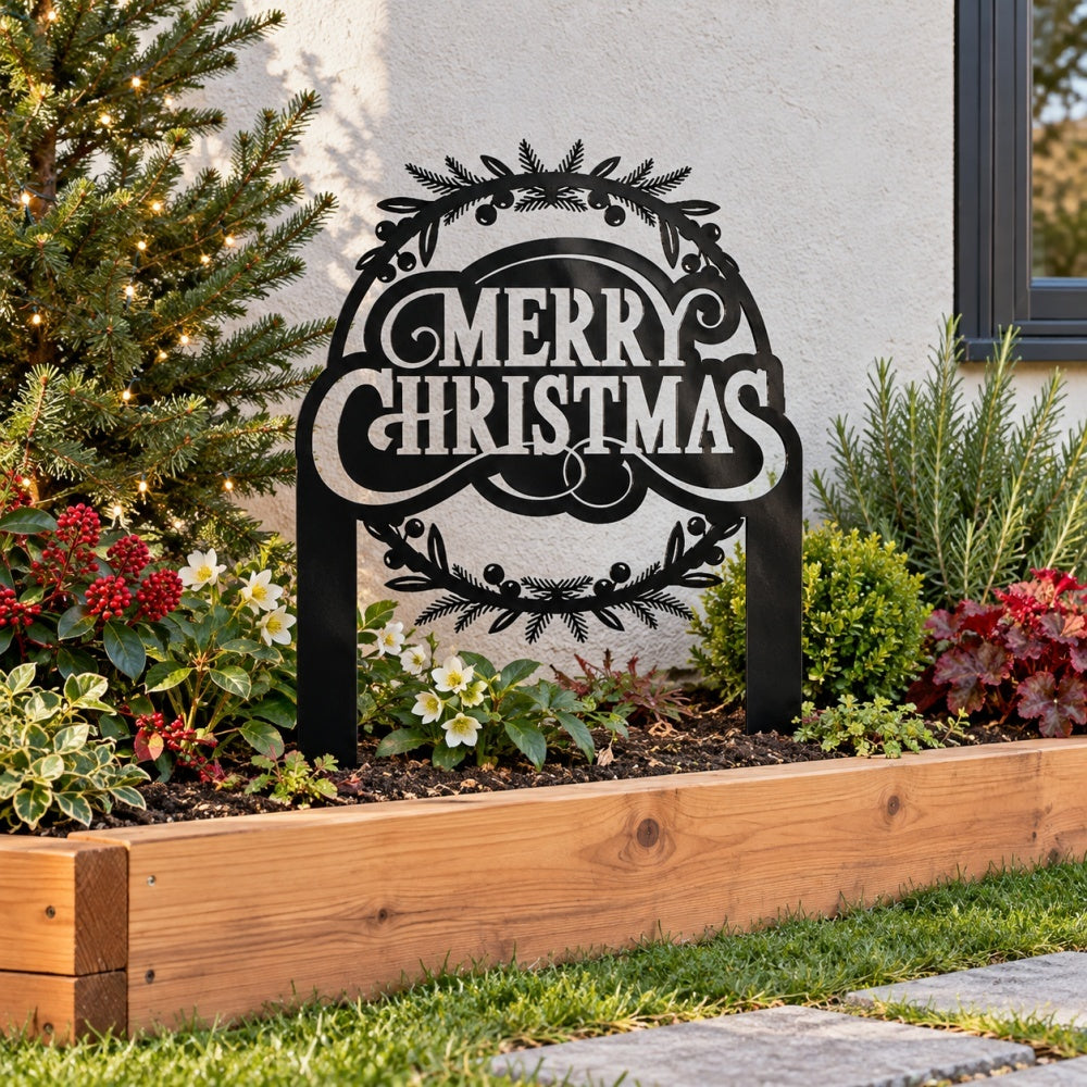 Metal Garden Stake – Merry Christmas Leafy Wreath