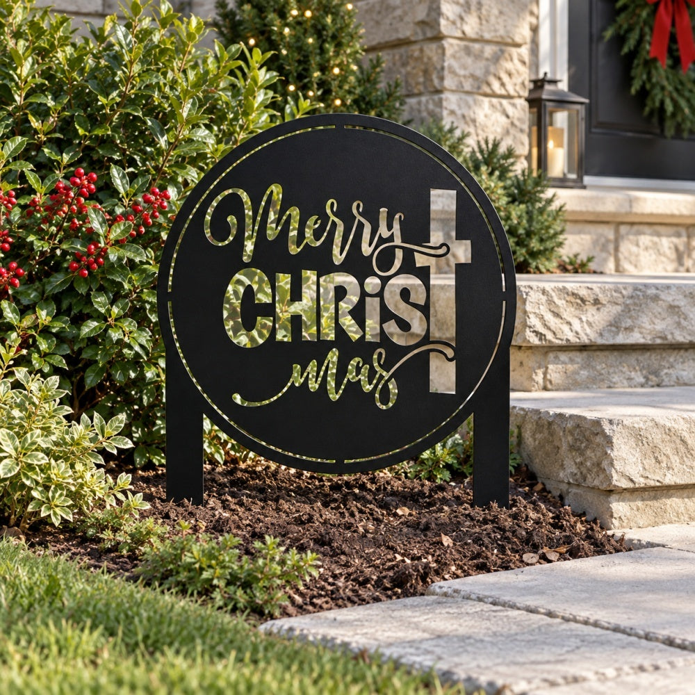 Metal Garden Stake – Merry Christmas with Cross