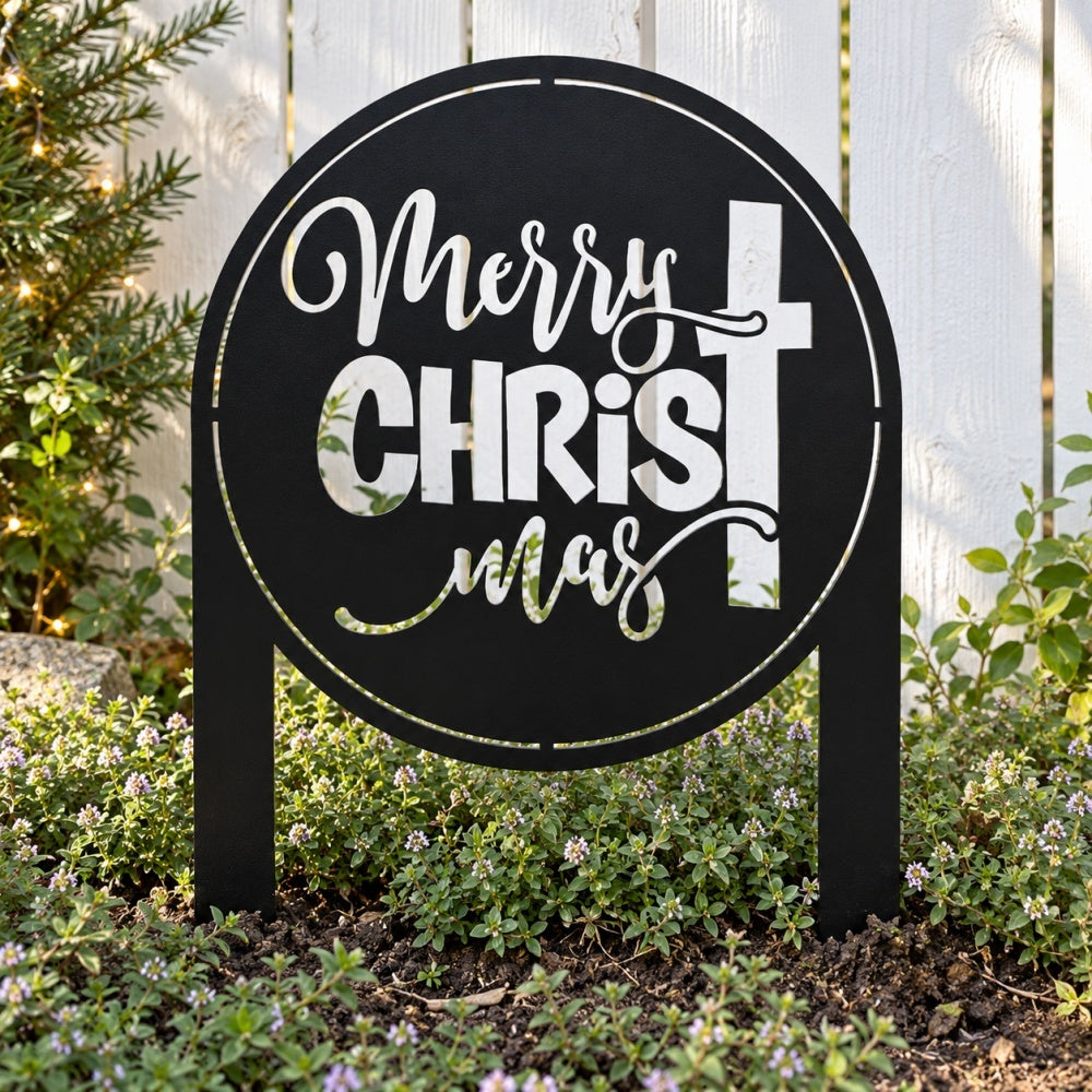 Metal Garden Stake – Merry Christmas with Cross