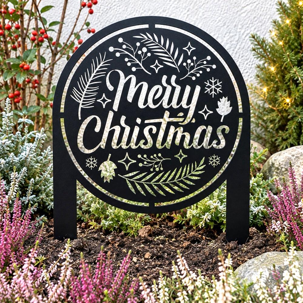 Metal Garden Stake – Merry Christmas with Pine and Bells