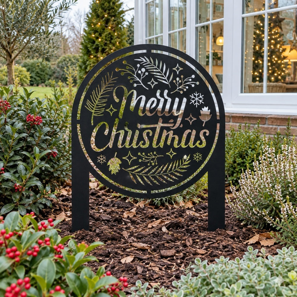 Metal Garden Stake – Merry Christmas with Pine and Bells