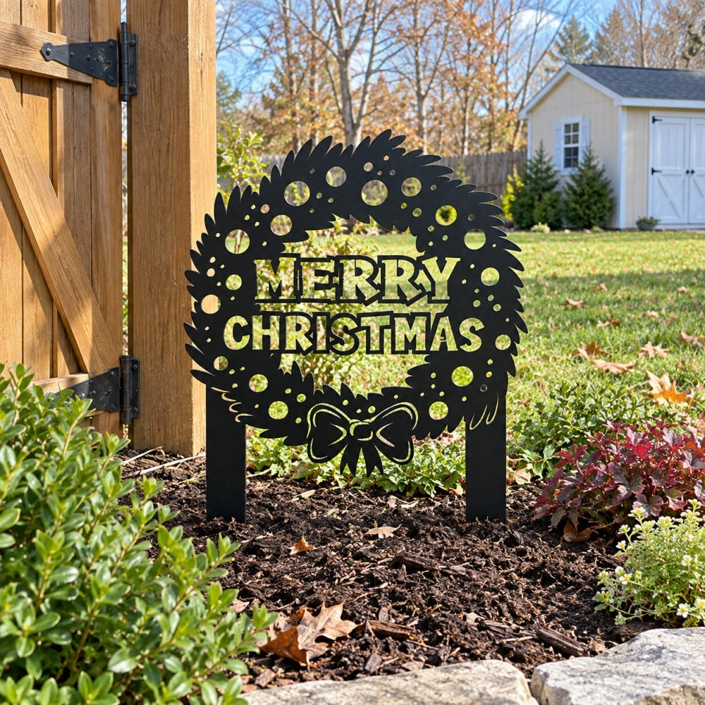 Metal Garden Stake – Merry Christmas Wreath with Bow